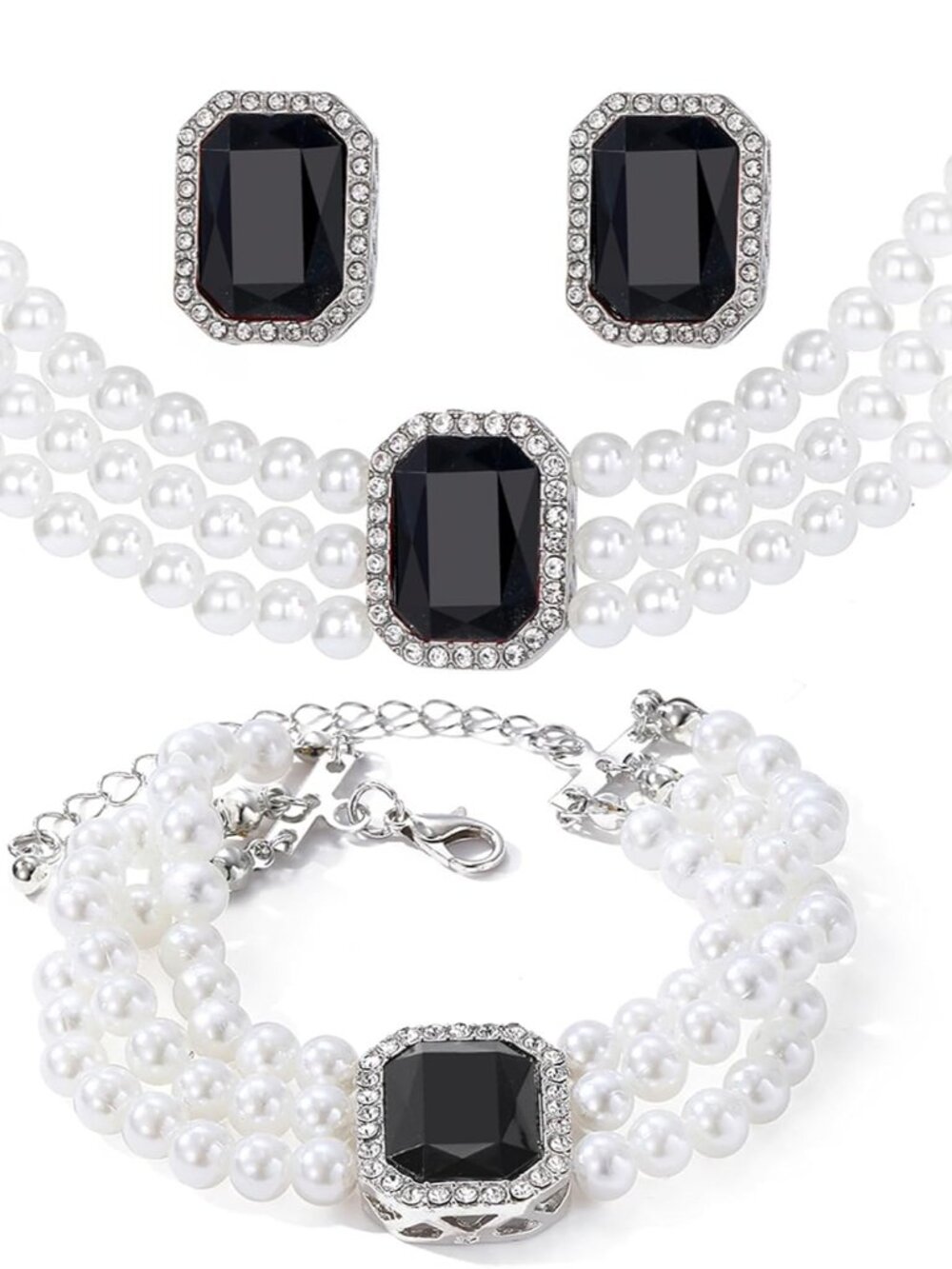 Silver Jewelry Sets For Women Rhinestone Pearl Crystal CZ Choker Necklace Earrin